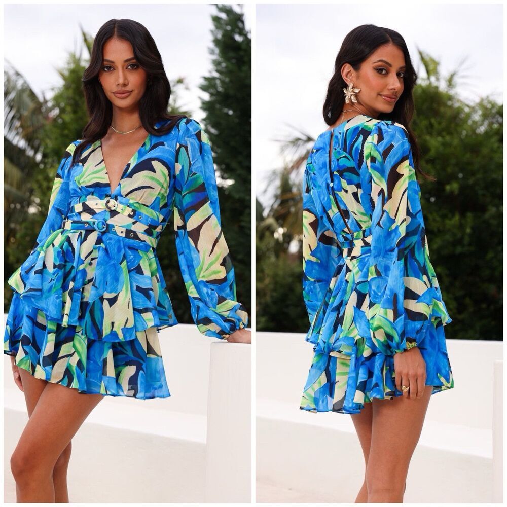 Hello Molly Fresh Feel Long Sleeves Mini Dress Size 10 Flowy Lined Tropical New